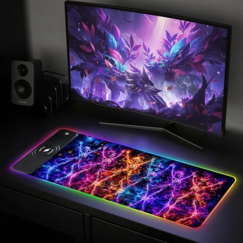 Wireless Charging RGB Gaming Mouse Pad Skull Dance 31.5 x 11.8 Inch Extended Mouse Mat with Neon Geometric Line Design, LED Desk Pad with 7 Lighting Modes, Non-Slip Base for Gaming & Office - Image 7