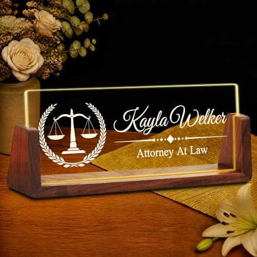 Custom Name Plate for Desk with LED Walnut Frame, Office Desk Decor by Unknown