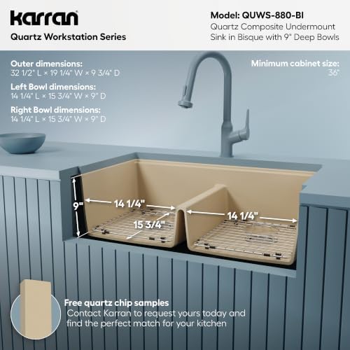 Karran 32.5" Bisque Quartz Composite Undermount Double Bowl Workstation Kitchen Sink, 50/50 Chef Prep Station with Cutting Board, Roll-Up Mat, Colander, Bottom Grids and Accessories – QUWS-880 - Image 6