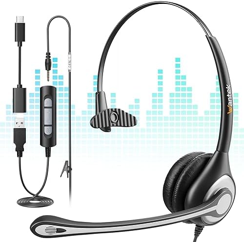 Wantek 3-in-1 USB/3.5mm/Type-C Headset with Noise Canceling Mic, Mono Computer Headphones with in-Line Controls for PC, Laptop, Office by Wantek