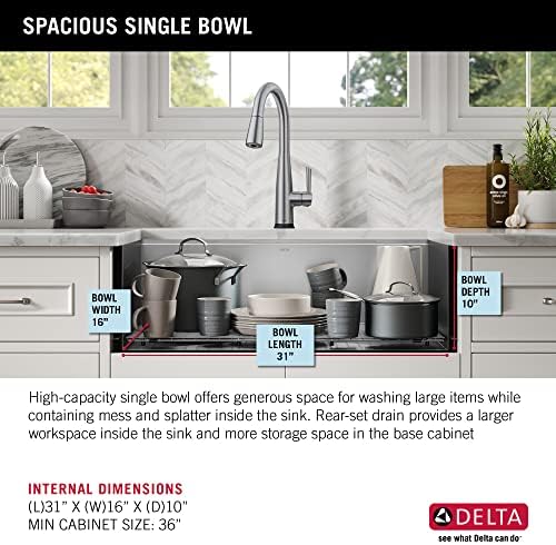 DELTA FAUCET Rivet 33-inch Workstation Farmhouse Apron Front Kitchen Sink Undermount 16 Gauge Stainless Steel Single Bowl with WorkFlow Ledge and Kit of 5 Accessories, 95C9031-33S-SS - Image 6