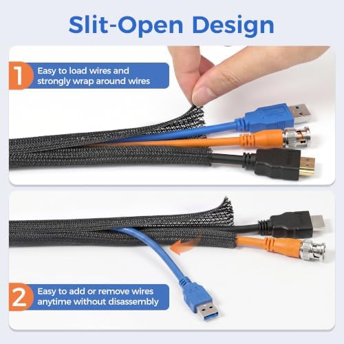 Delamu 10ft - 1/2 inch Cable Sleeve Cord Protector from Pets No Chew, Split-Braided PVC Wire Loom Tubing for Desk Computer USB TV Cord Organizer, Easy Set-up Cable Management Sleeve Kit, Black - Image 4