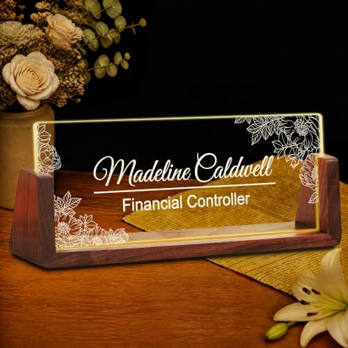 Custom Name Plate for Desk with LED Walnut Frame, Office Desk Decor by Unknown