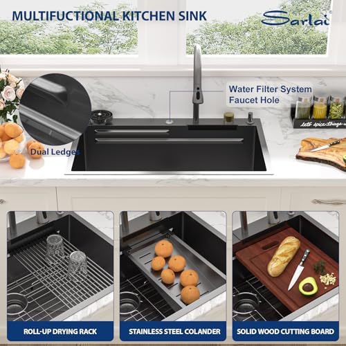 Sarlai 30 Inch Waterfall Kitchen Sink Workstation - 30x22 Black Waterfall Drop In Sink Stainless Steel 16 Gauge Sink Multifunction Single Bowl Smart Top Mount Kitchen Sinks with Faucet Combo - Image 5