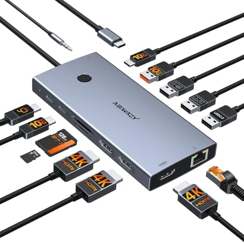 USB C Docking Station 3 Monitors, 15-in-1 Laptop Hub for HP Dell Lenovo by ABIWAZY