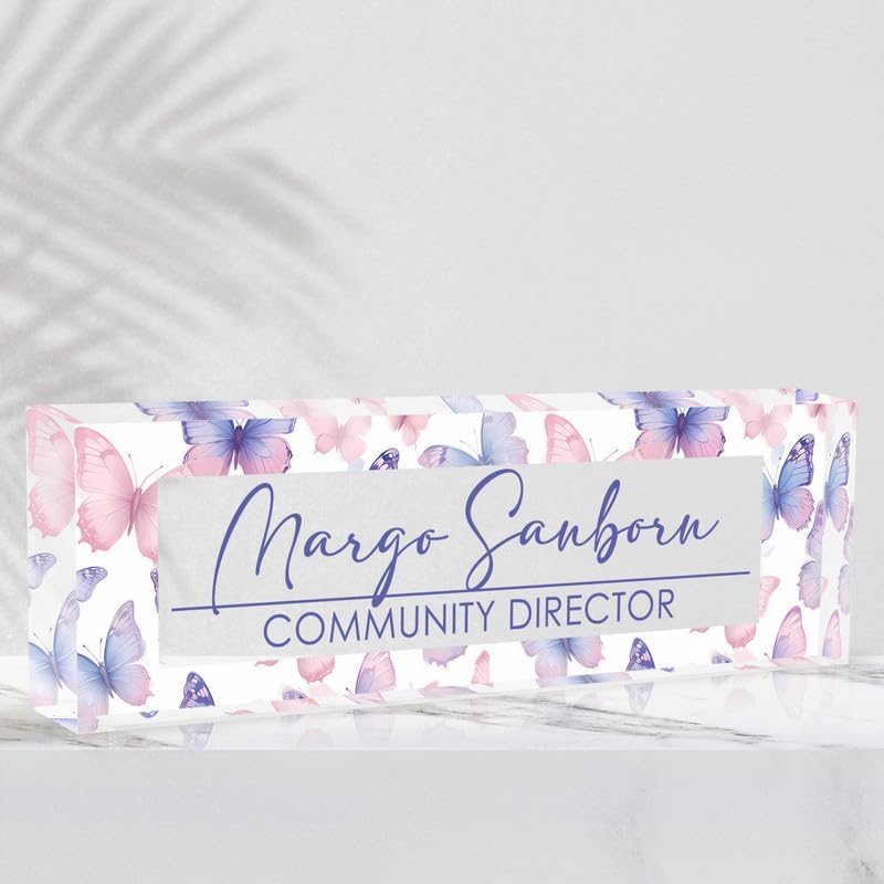 Personalized Office Desk Name Plate Acrylic Glass Block (Watercolor Butterfly) by Ueedklaayy