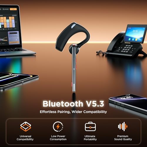 Bluetooth Headset V5.3, Wireless Headset with Dual Noise-Canceling Microphones, Portable Charging Case, 300H Standby Time, Hands Free Headphones for Computer/Cell Phones, Trucker/Home/Office/Work - Image 7