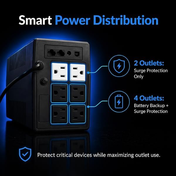 SKE SK850 850VA/480W UPS Battery Backup & Surge Protector - Uninterruptible Power Supply with LCD Display, AVR Voltage Regulation, 6 Outlets, Backup Power for PC, Router, NAS & Home Office - Image 5