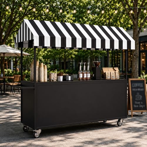 Portable Vendor Cart with Lockable Canopy and Wheels, Large Mobile Food Display Stand for Outdoor Markets & Events, Sturdy Metal Snack Kiosk with 360° Swivel Casters (Black, 47x23.6x78.7in) by Unknown