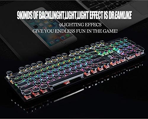 YSCP Typewriter Style Mechanical Gaming Keyboard Rainbow Backlit Wired with Blue Switch Retro Round Keycap 104 Keys Keyboard (L-Black) - Image 3