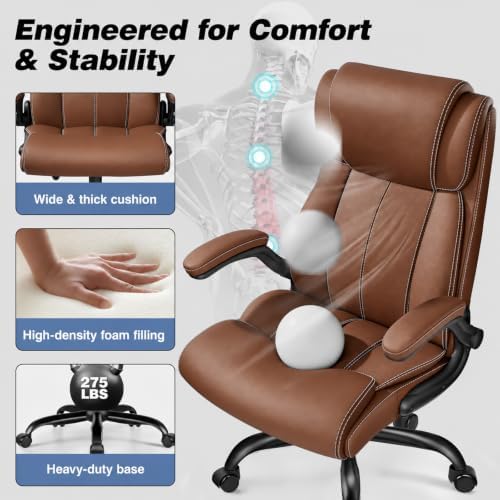 BESTFAIR High Back Leather Office Chair with Air Lumbar, Flip Arms, Brown - Image 5