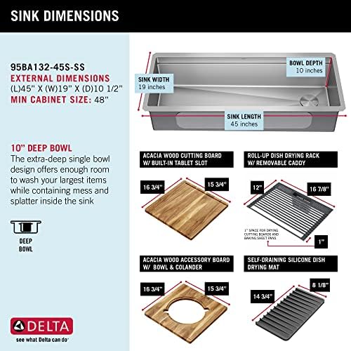 DELTA FAUCET Lorelai 45-inch Workstation Kitchen Sink Undermount 16 Gauge Stainless Steel Single Bowl with 2-Tier WorkFlow Ledge and Chef’s Kit of 11 Accessories, 95BA132-45S-SS - Image 5