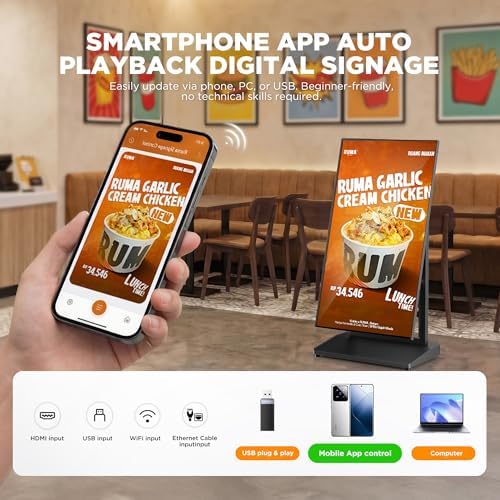 43 Inch Digital Signage Display, Screen LCD Advertising Kiosk, Portable Floor Standing Auto Ad Player Android OS App-Based Control with USB/HDMI/WiFi - Image 3