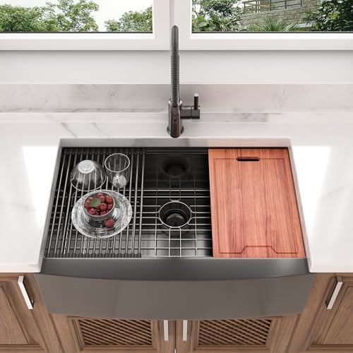 36 Black Farmhouse Sink - Lordear 36 Inch Kitchen Sink Ledge Workstation Gunmetal Black 16 Gauge Single Bowl Apron Front Farm Sinks Basin, 9" Apron Height - Image 3