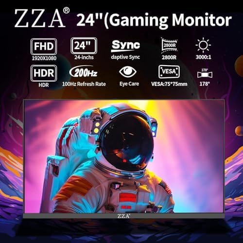 ZZA 24" Curved Gaming Monitor,FHD 1080p 200Hz,1ms MPRT, AMD FreeSync,VA 2800R,HDMI 2.0 & DisplayPort 1.4, VESA Mount, Frameless, Eye Care, for Home Office, Dorm &Gaming &Dual Screen Setup,PS5,Xbox - Image 2