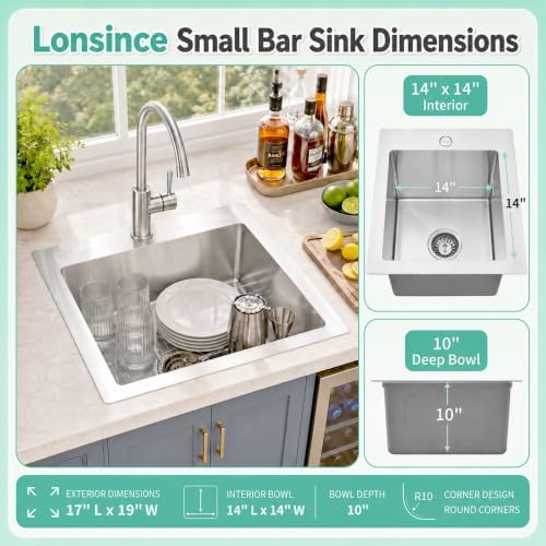 Drop In Bar Sink 17 X 19 inch,16 Gauge Stainless Steel Bar Sink - Image 4