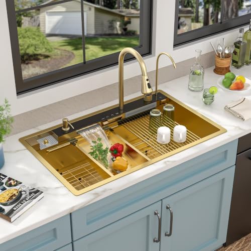 36"x22" Drop In Waterfall Kitchen Sink - Brushed Gold NANO-PVD, 16 Gauge 304 Stainless Steel, Ledge Workstation Single Bowl Top Mount Smart Waterfall Sink with Faucet Combo & Glass Rinser - Image 2