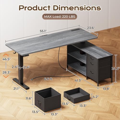 PRAISUN 55.1'' L Standing Desk with Outlets, Cabinet with Shelves, Drawers - Image 3