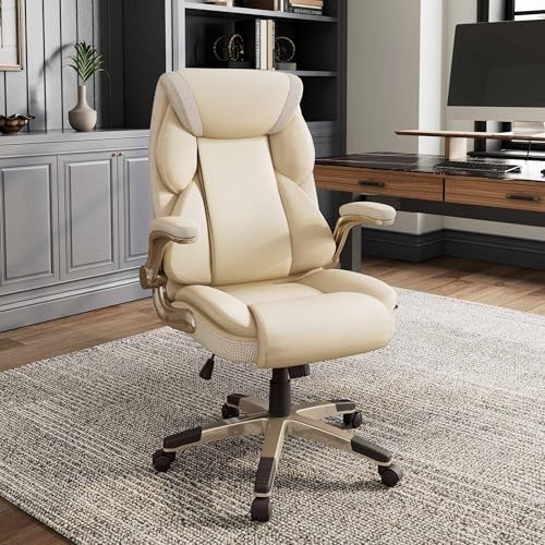 EUREKA ERGONOMIC Galene Executive Office Chair Flip Up Arm Rest, Ergonomic Desk Chair Faux Leather Computer Chair, High Back Office Chair with Headrest, Home Office Desk Chairs with Wheels, Beige by EUREKAERGONOMIC