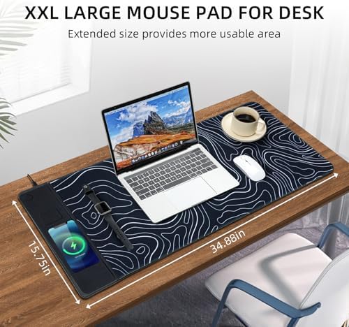 VOVIPO 3 in 1 Wireless Charging Mouse Pad, Gift for Dad/Office Manager,Wireless Charger Compitable with iPhone/Watch/airpods. Wireless Charging Desk Mat 90 x 40cm,Black Topographic Computer Desk Pad - Image 4
