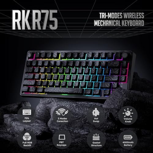 RK ROYAL KLUDGE R75 Wireless Mechanical Keyboard, 75% Percent Topographic Gaming Keyboard Gasket Mount RGB Backlit with Knob & PBT Keycaps, BT5.1/2.4GHz/USB-C, Hot Swappable Cream Switch, Black - Image 2