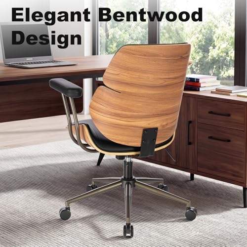 Mid Century Walnut Bentwood PU Leather Office Chair with Arms, Black - Image 4