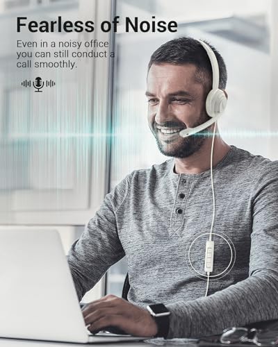 NUBWO HW02 USB Computer Headset with Clear Chat Microphone, Lightweight On-Ear Wired Headset for MS Teams, Skype, Webinars, Call Center and More -White - Image 2