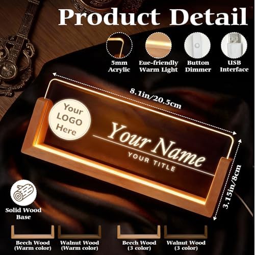 Personalized Light Up Acrylic Desk Name Plate - Custom Name Plate for Desk with Walnut Wood Base - Appreciation Office Gifts for Employees, Teacher, Social Worker (LOGO) - Image 3