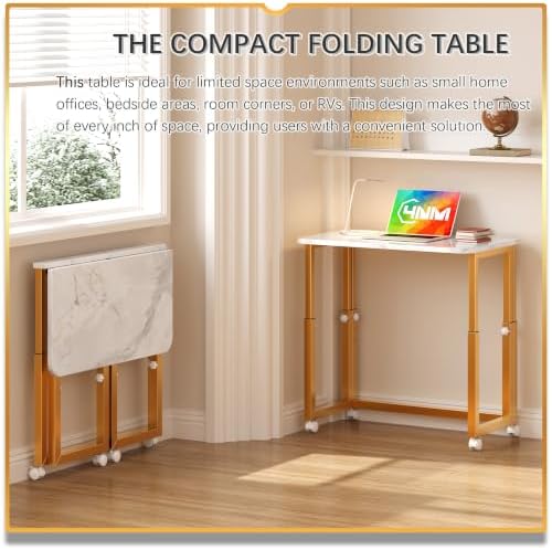 4NM No Tool Assembly 27.5" Small Desk, Folding Portable Desk with Wheels, Foldable Computer Home Office Desks, Collapsible Study Writing Table for Space Saving Bedroom - White Gold - Image 3