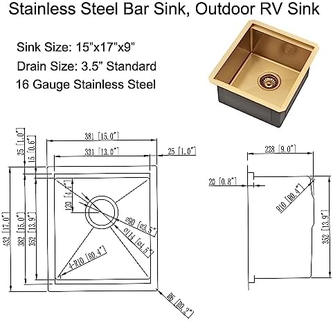 Brass Bar Sink Undermount, 15 x 17 Inch - Image 7