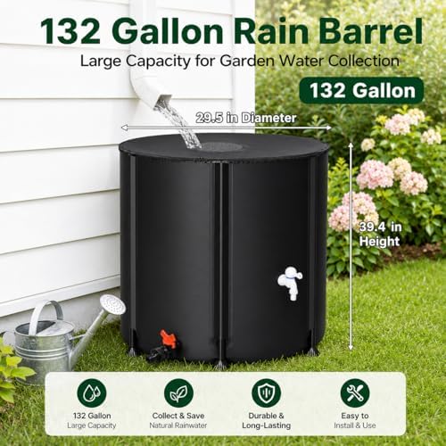 132 Gallon Collapsible Rain Barrel, Portable Rainwater Collection System, Water Storage Tank, Rain Catcher Barrel with Two Spigots and Overflow Kit, Rain Water Barrel Collector for Garden, Black - Image 3
