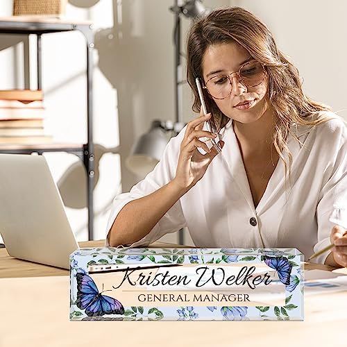 Personalized Office Name Plate for Desk - Custom Employee Appreciation Gifts - Acrylic Desk Name Plate Personalized - Staff Appreciation Gift for Teacher, Coworker, Nurse, Manager (Blue Butterfly) - Image 2