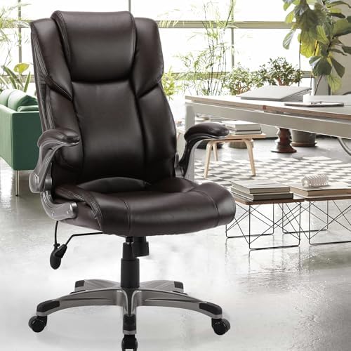 COLAMY Leather Executive Office Chair- High Back Home Computer Desk Chair with Padded Flip-up Arms, Adjustable Tilt Lock, Swivel Rolling Ergonomic Chair for Adult Working Study-Brown, Set of 2 - Image 2