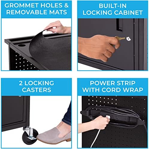 Line Leader Stellar AV Cart - Computer Cart with Customizable Pegboard & Hooks, Locking Cabinet and Tray, UL Certified Power, Mobile Workstation with Locking Wheels, Ideal for Laptop & Charger Storage - Image 4