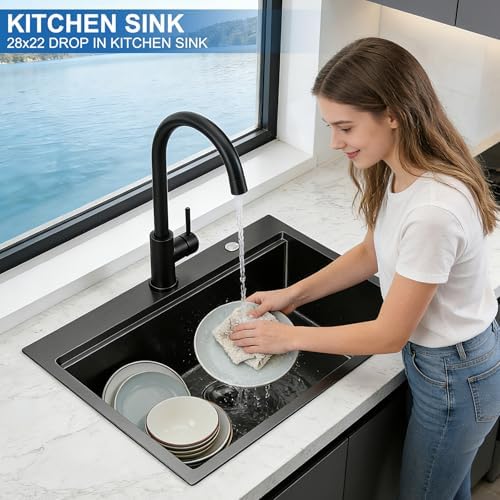 28x22 Black Drop in Workstation Kitchen Sink, Scamall 28x22x10 In 16 Gauge Black Stainless Steel Kitchen Sink with Workstation Topmount Single Bowl Sink Deep with Accessories - Image 2