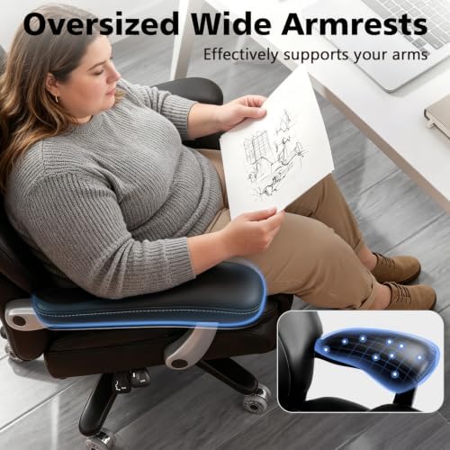 600lbs Big and Tall Office Chair for Heavy People,Heavy Duty Comfy Executive Office Desk Chair with Adjustable Lumbar Support,High Back Reclining PU Leather Computer Chair,Metal Base (Reclining Black) - Image 5