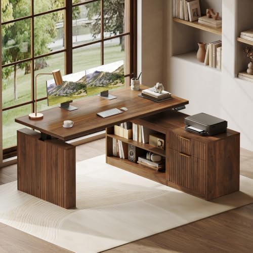 OffiGo Fluted 55 Inch L Shaped Electric Standing Desk with Storage, Walnut by OfficeGo-ForHomeOfficeWork