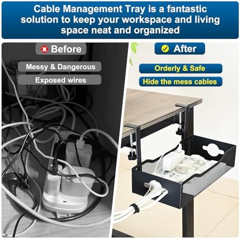 Large Under Desk Cable Management Tray - Heavy Duty Metal Cord Organizer with No Drill Installation for Office & Home Office Desks to Hide Wires & Power Strips (Black, XL) (Pack of 2) - Image 4
