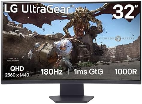 LG 32GS60QC-B Ultragear 32-inch Curved Gaming Monitor QHD (2560x1440) 180Hz 1ms 1000R AMD FreeSync HDR10 HDMIx2 DisplayPort Borderless Design Black Stabilizer DAS Crosshair FPS Counter - Black by Unknown