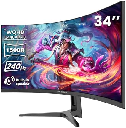CRUA 34" WQHD 240Hz Ultrawide Curved Gaming Monitor, 1500R, FreeSync, Black by CRUA