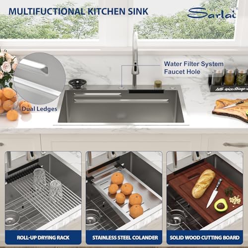 Sarlai 28 Inch Waterfall Kitchen Sink Drop In - 28x22 Waterfall Drop Workstation Stainless Steel 16 Gauge Multifunction Single Bowl Smart Top Mount Kitchen Sink with Faucet Combo - Image 6