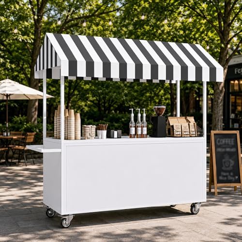 Portable Vendor Cart with Lockable Canopy and Wheels, Large Mobile Food Display Stand for Outdoor Markets & Events, Sturdy Metal Snack Kiosk with 360° Swivel Casters (White, 39x23.6x78.7in) by Unknown