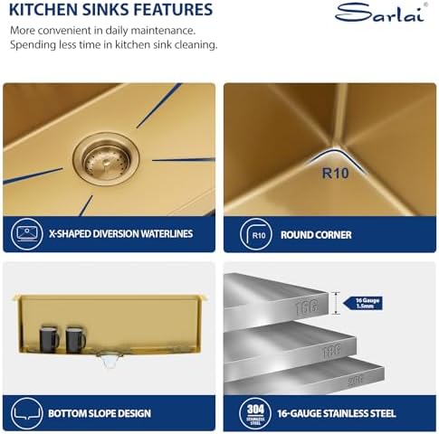 Sarlai 33 Undermount Sink Gold 33" x19" Stainless Kitchen Sinks Workstation - Image 4