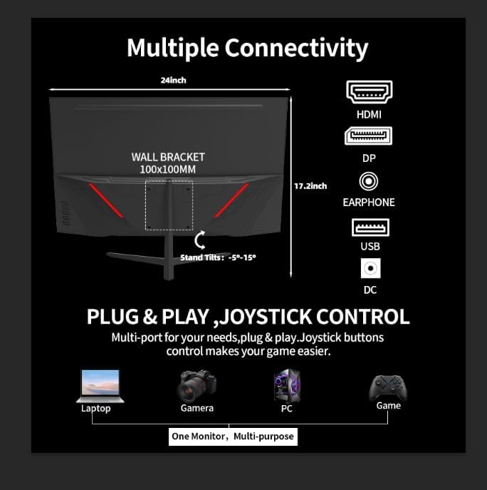 ZZA 27 Inch Gaming Monitor, 180Hz-200Hz Curved Monitor,VA PC Monitor,Full HD 1920x1080/180Hz Refresh Rate, 1ms Response, 100% sRGB, 1080p Resolution,FreeSync,VESA Mountable,DP 1.4 & HDMI 2.0 Ports - Image 5