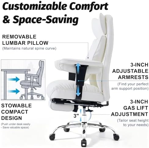 Efomao Executive Office Chair 400lbs,White Big and Tall Desk Chair - Image 7