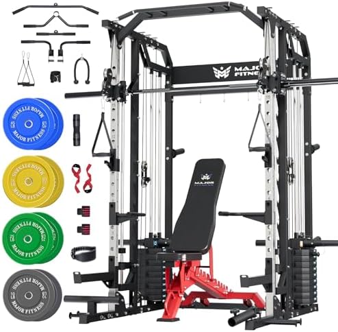 Major Fitness Drone2 Advanced Training Smith Machine – All-in-One Home Gym Squat Rack with Aluminum Pulley Set, Weight Bar, Dual LAT Pull-Down Systems & Cable Crossover Machine for Full-Body Workouts by MAJORFITNESS