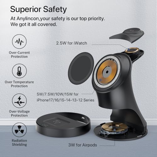 Wireless Charger,3 in 1 Magnetic Wireless Charger Stand, Fast Wireless Charging Dock for iPhone17/16/15/14/13/12 Series, Apple Watch Series, AirPods Pro. - Image 5