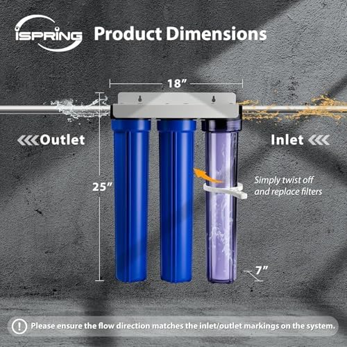 iSpring WCB32C-GAC+AHPF12MNPT12X2 3-Stage Whole House Water Filter System w/ 3/4'' Push-Fit Braided Stainless Steel Hose Connectors, Reduces Chloramine, PFAS, Chlorine, Sediments, 3/4" Inlet/Outlet - Image 5
