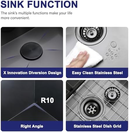 VAPSINT 28x18 Inch Black Drop In Kitchen Sink, 28 Inch Gunmetal Black Top Mount Extra-Thick Stainless Steel Single Bowl Sink RV Laundry Utility Prep Sink with Drain Strainer & Metal Grid - Image 7