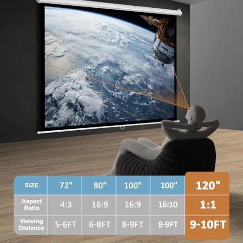 SUPER DEAL 120'' Projector Screen, Retractable Projection Screen Manual Pull Down HD Screen 1:1 Format for Home Cinema Theater Presentation Education Outdoor Indoor Public Display - Image 2